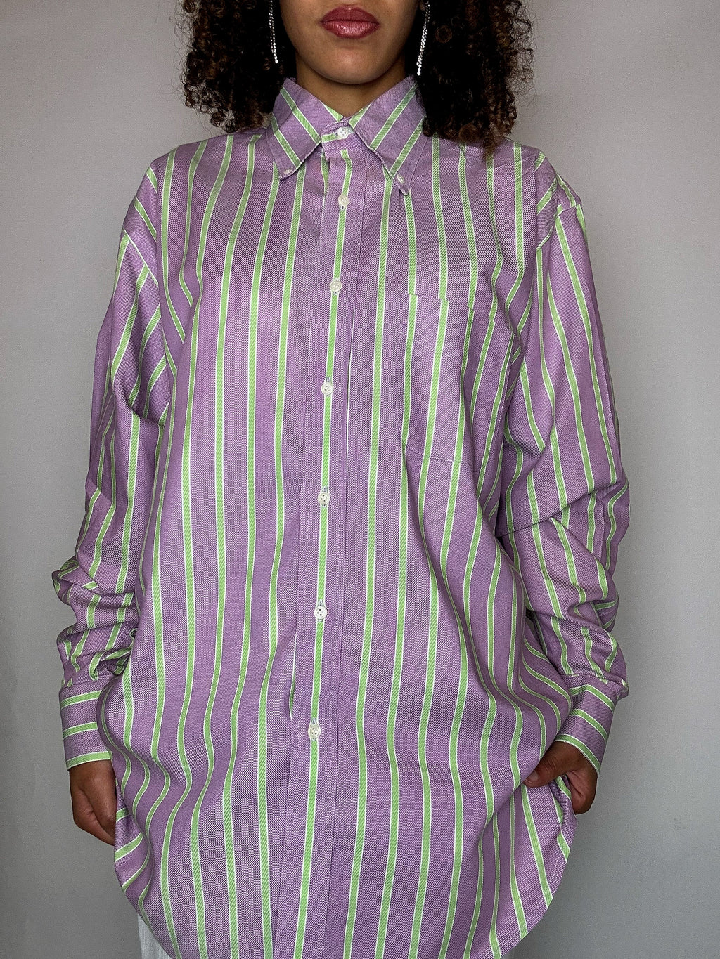 Chemise rayée rose et vert L vintage