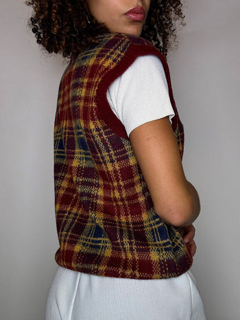 Gilet en maille à carreaux rouges et jaunes M vintage