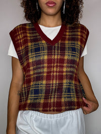Gilet en maille à carreaux rouges et jaunes M vintage