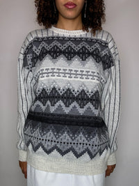 Pull en maille à motifs gris L vintage