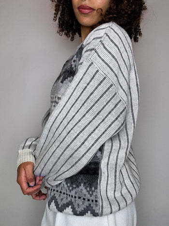Pull en maille à motifs gris L vintage
