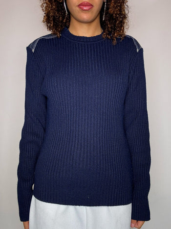 Pull en maille marine avec détails M vintage