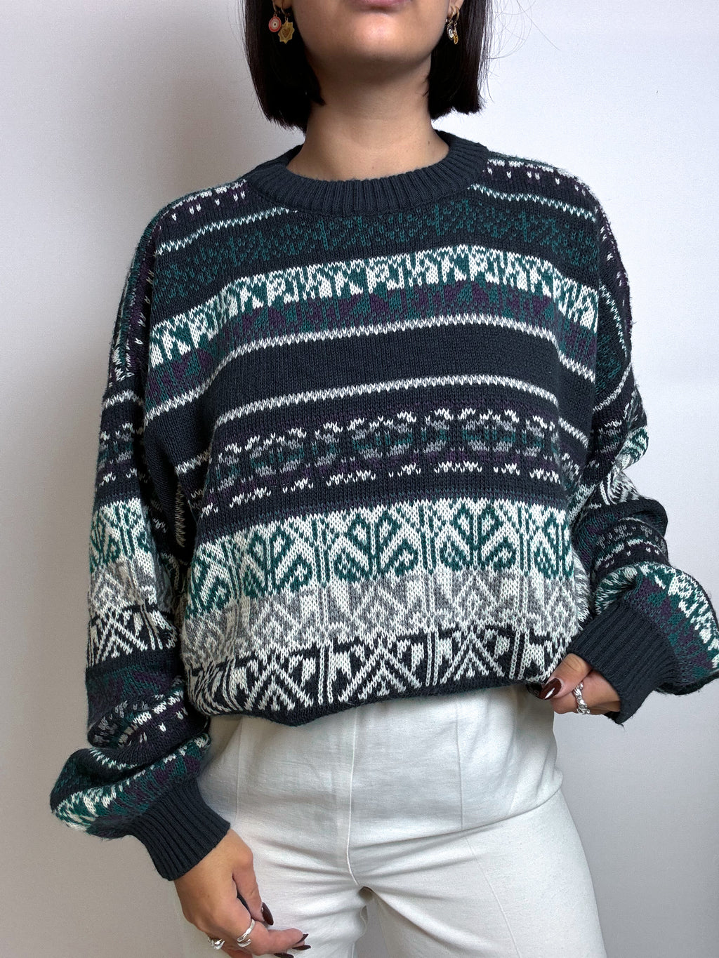 Blue and green sweater with vintage chalet patterns M/L 