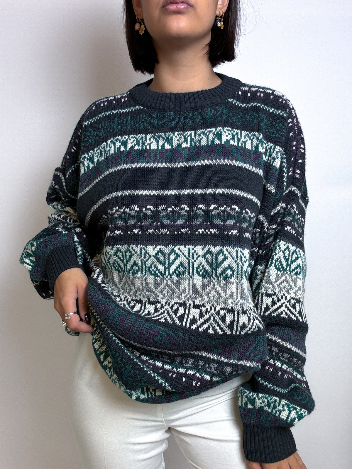 Blue and green sweater with vintage chalet patterns M/L 