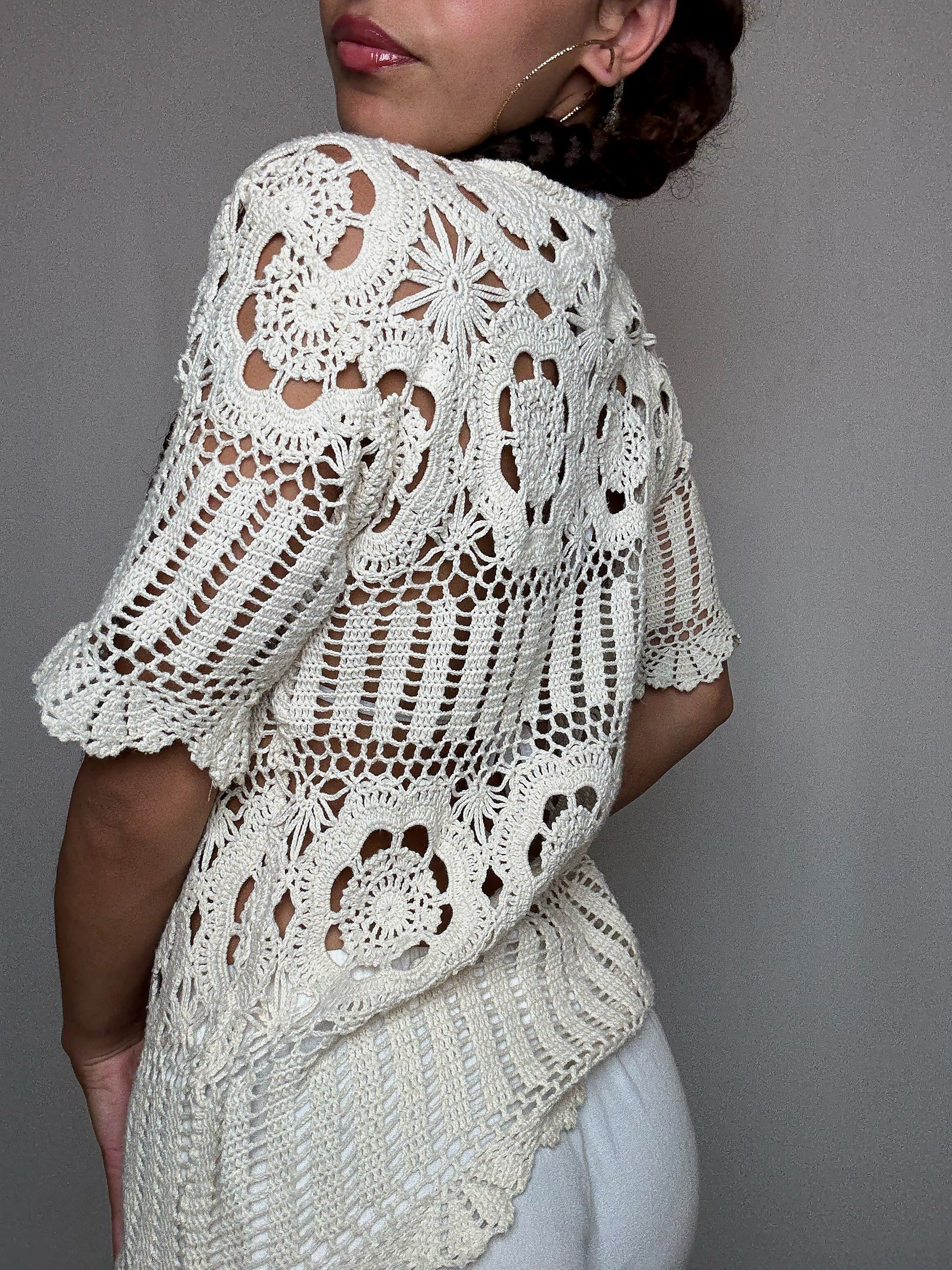 Top en crochet beige S vintage
