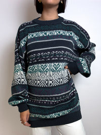 Blue and green sweater with vintage chalet patterns M/L 