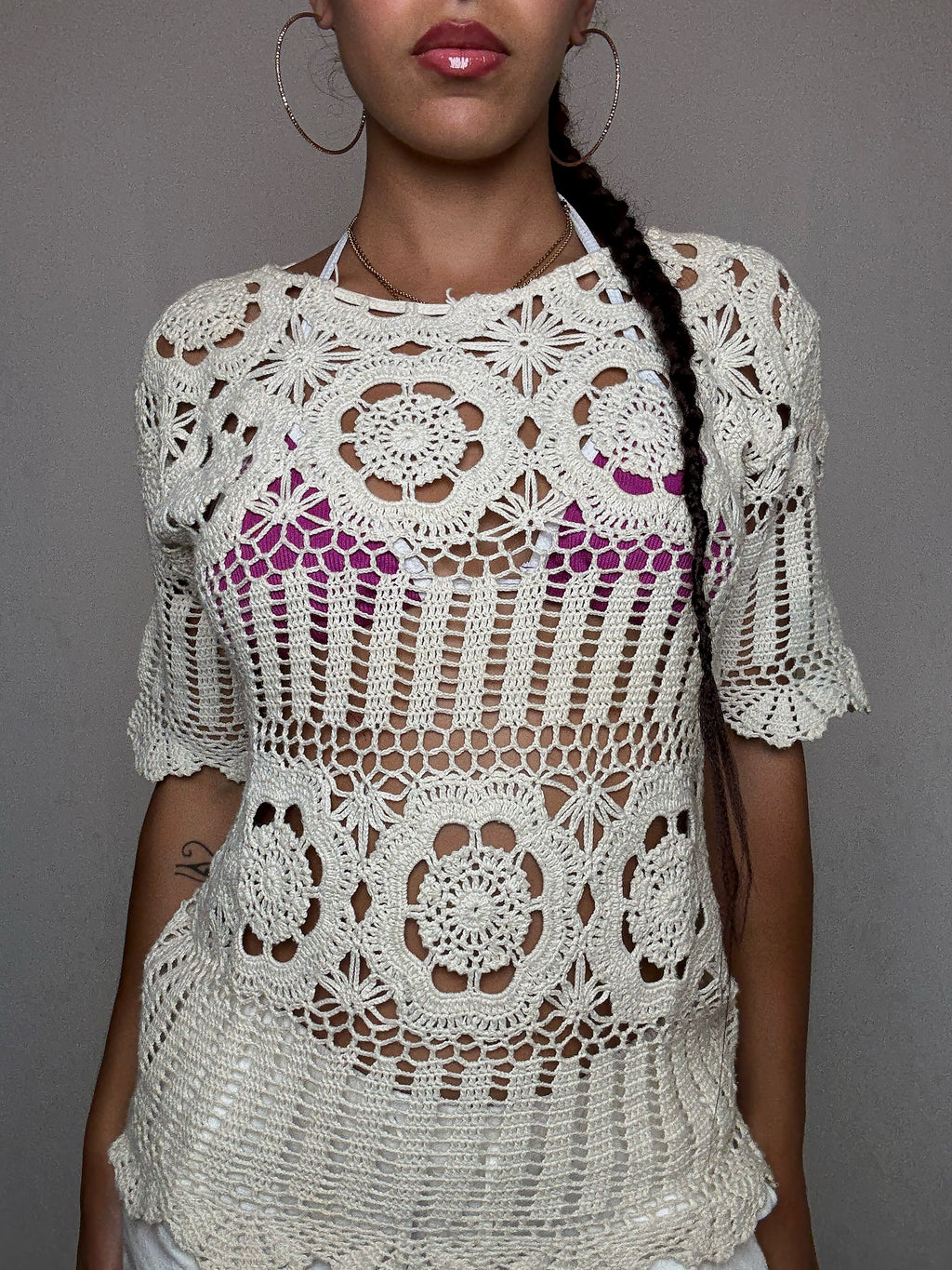 Top en crochet beige S vintage