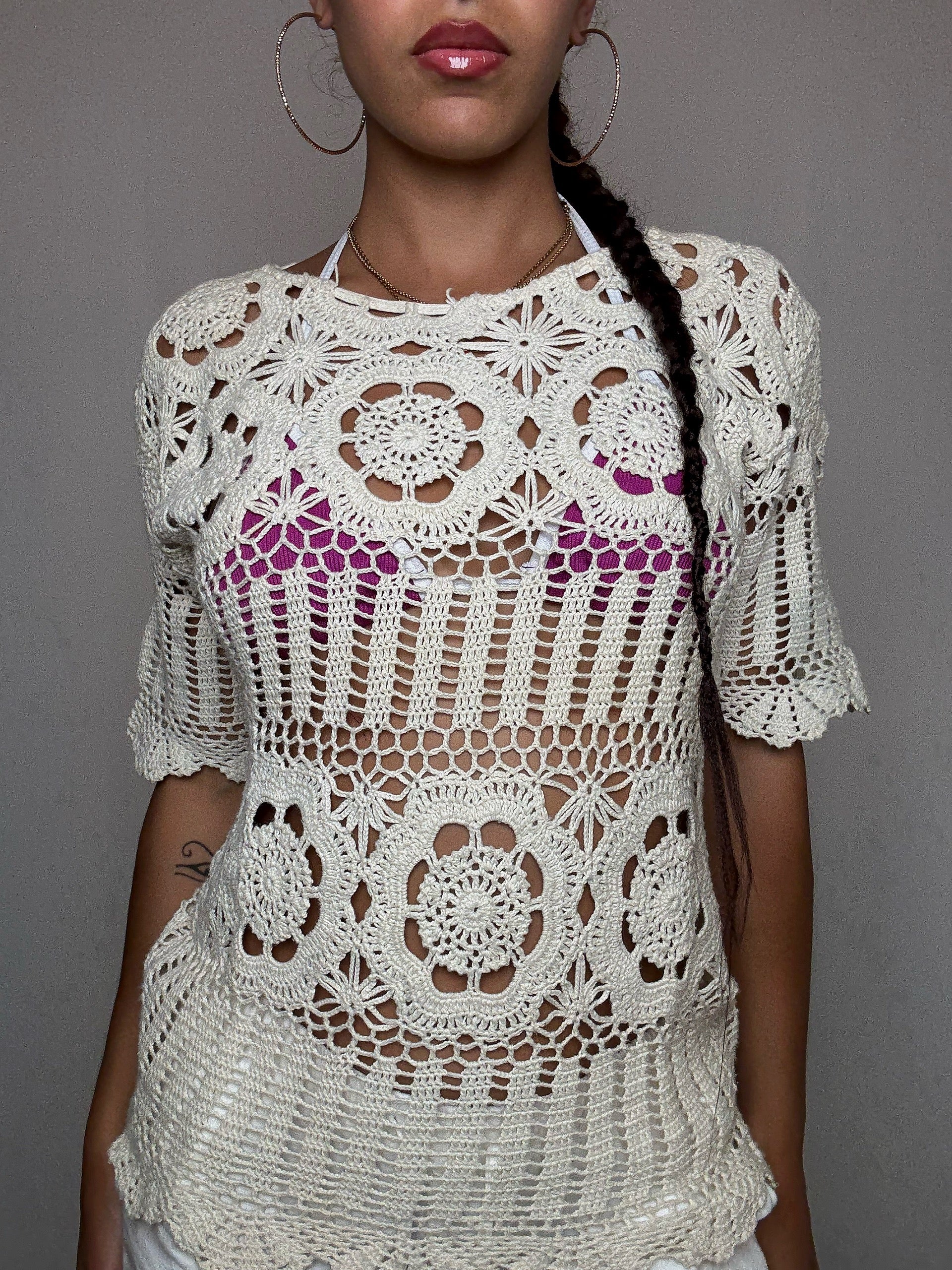 Top en crochet beige S vintage