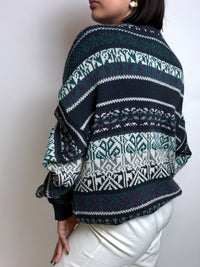 Blue and green sweater with vintage chalet patterns M/L 