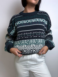 Blue and green sweater with vintage chalet patterns M/L 