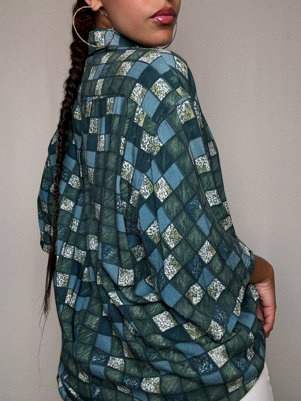 Chemise fluide imprimée verte L/XL vintage
