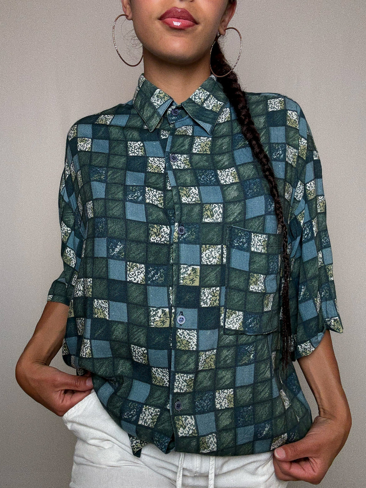 Chemise fluide imprimée verte L/XL vintage