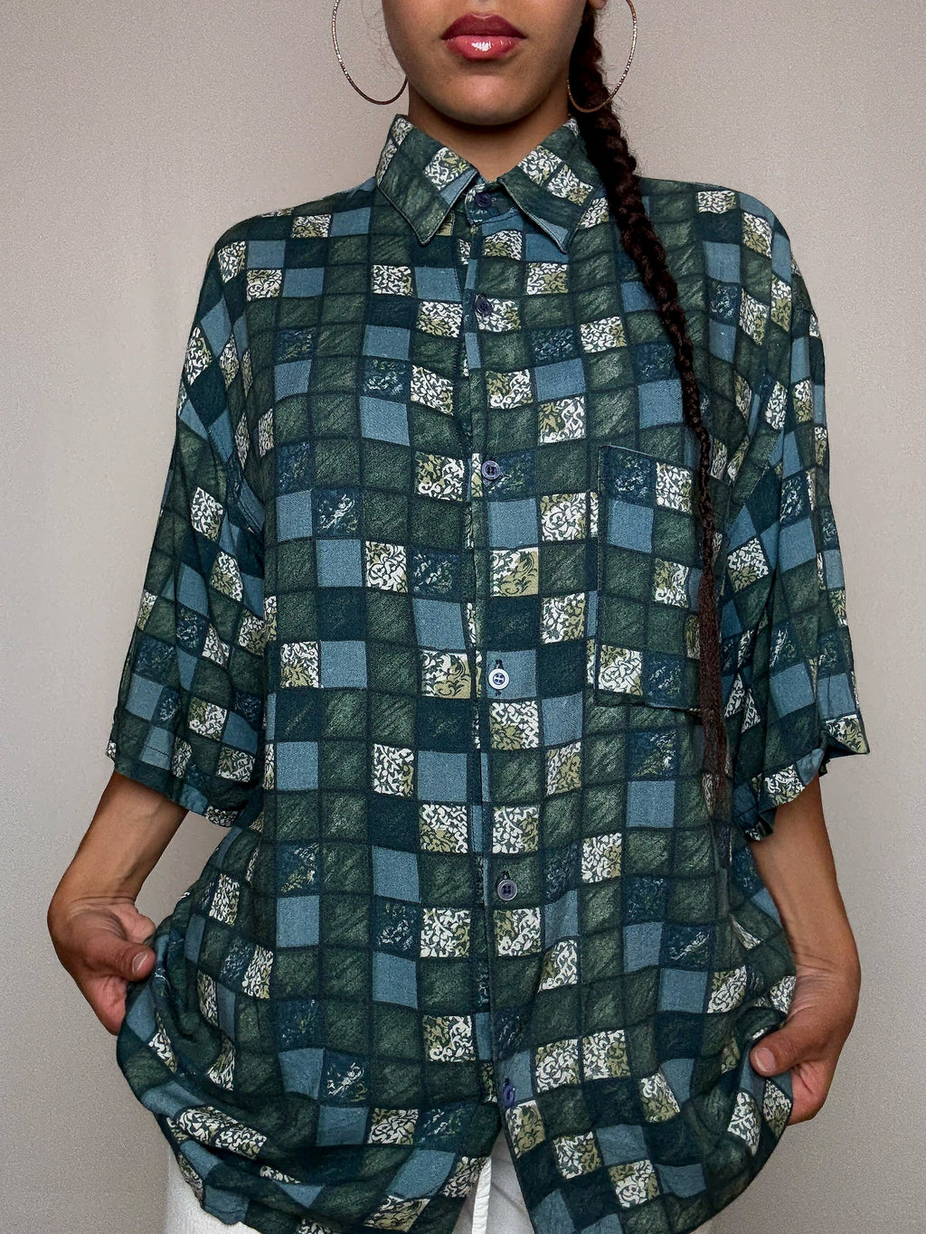 Chemise fluide imprimée verte L/XL vintage