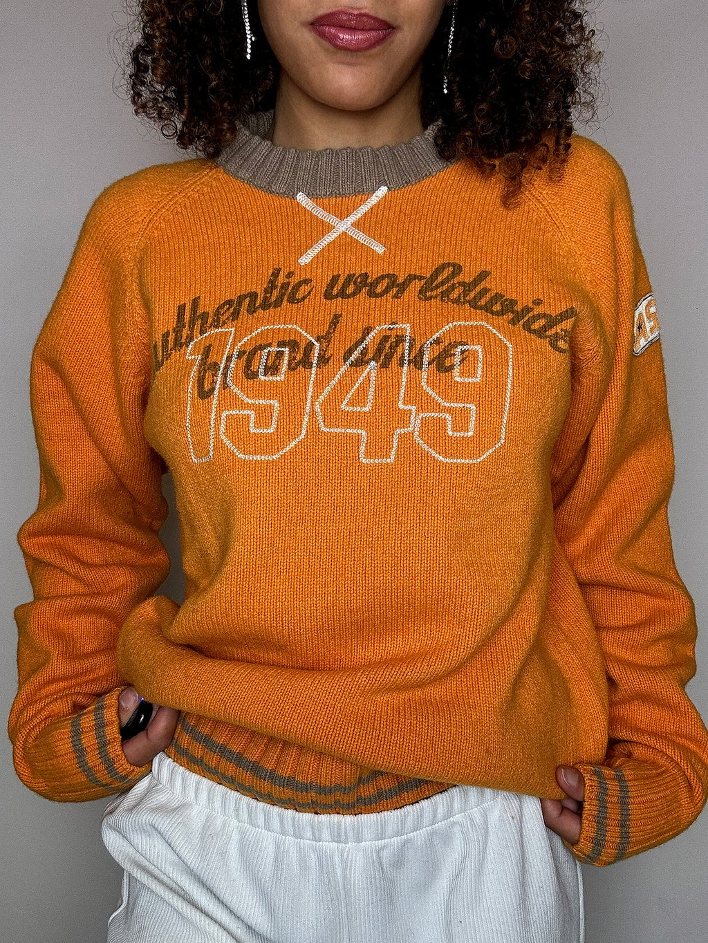 Pull en maille col rond orange ASICS L vintage