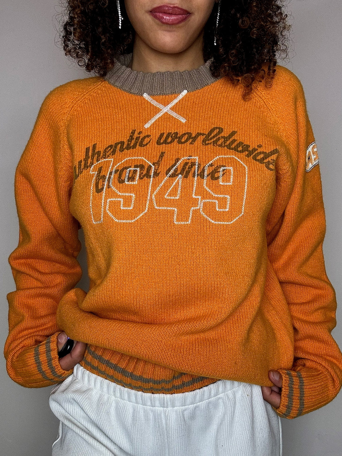 Pull en maille col rond orange ASICS L vintage