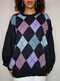 Pull en maille col rond à carreaux gris XXL vintage