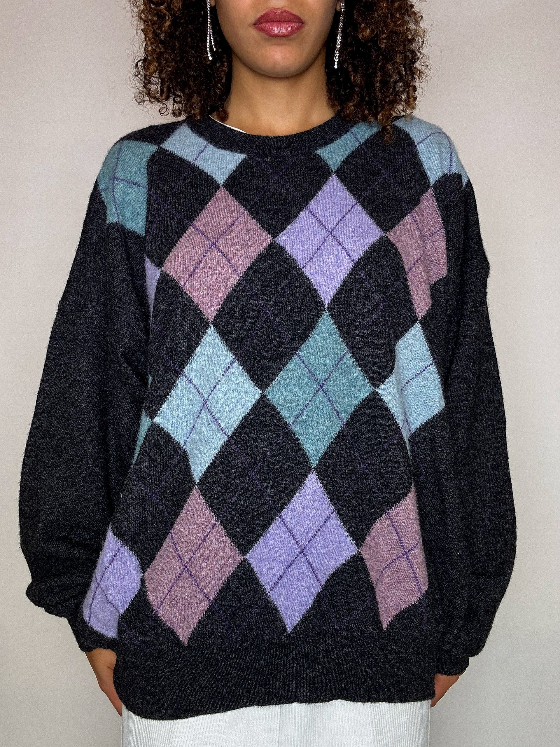 Pull en maille col rond à carreaux gris XXL vintage