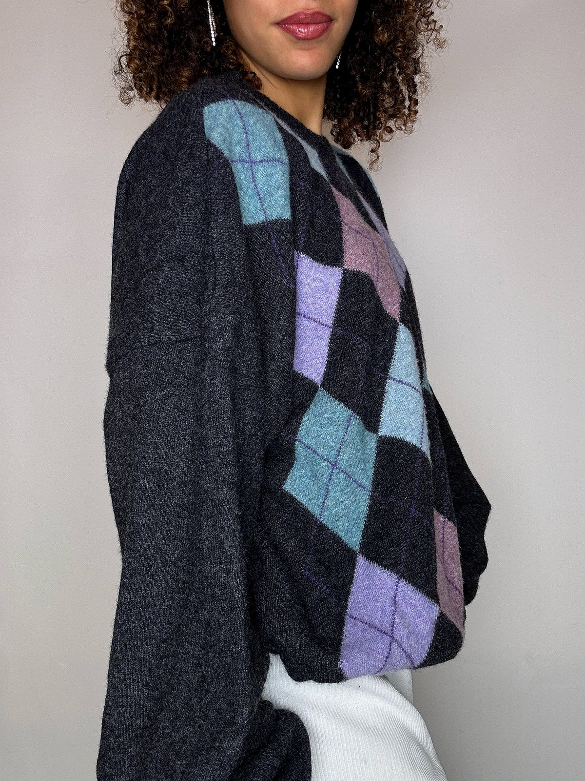 Pull en maille col rond à carreaux gris XXL vintage