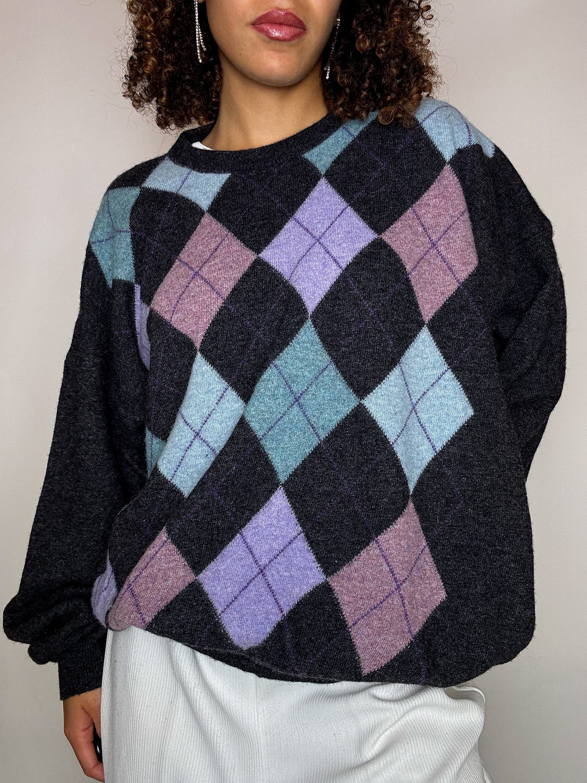 Pull en maille col rond à carreaux gris XXL vintage