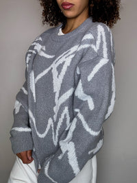 Pull en maille à motif gris L vintage