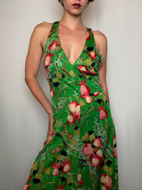 Robe longue verte à fleurs S/M vintage