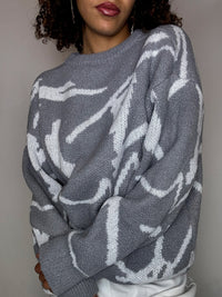 Pull en maille à motif gris L vintage