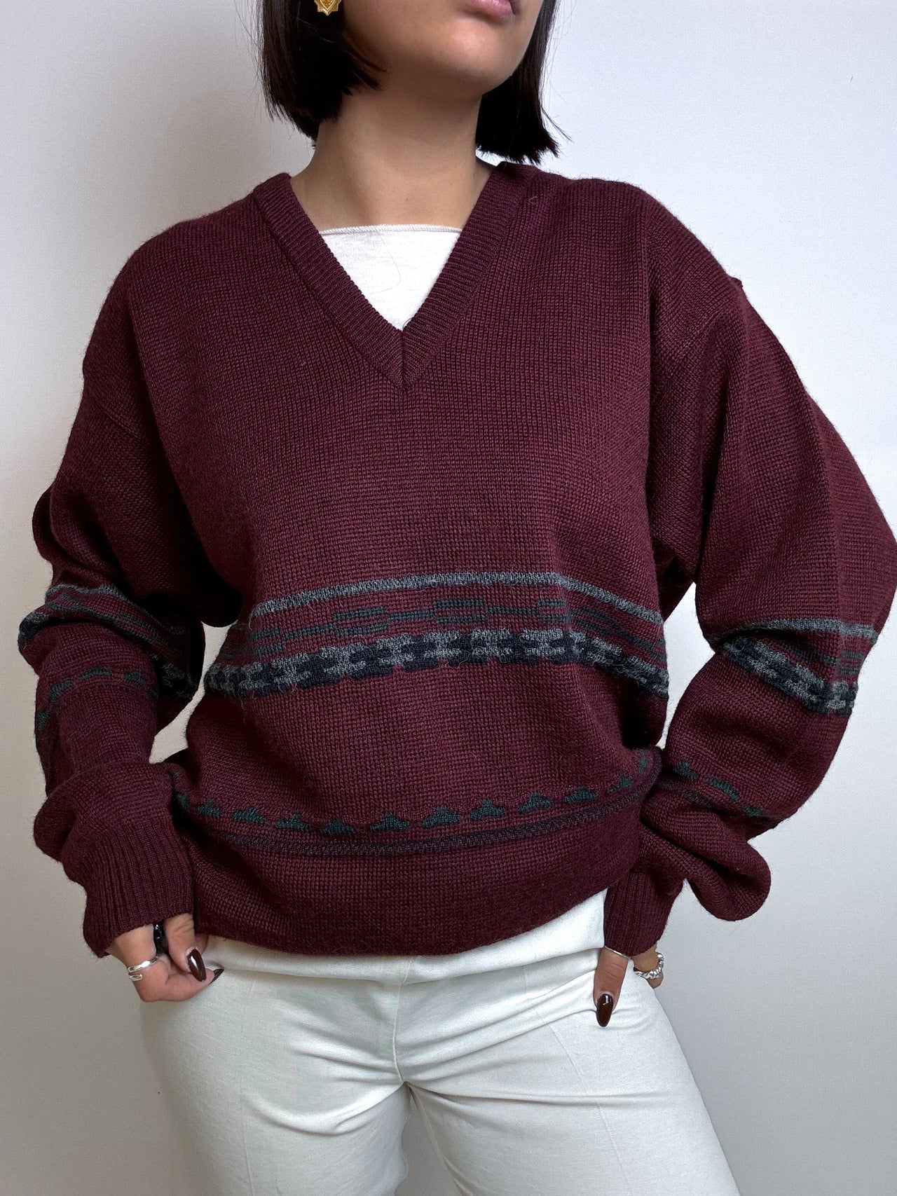 Dunkelroter Vintage-Wollpullover M/L 