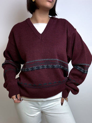 Pull rouge foncé en laine vintage M/L