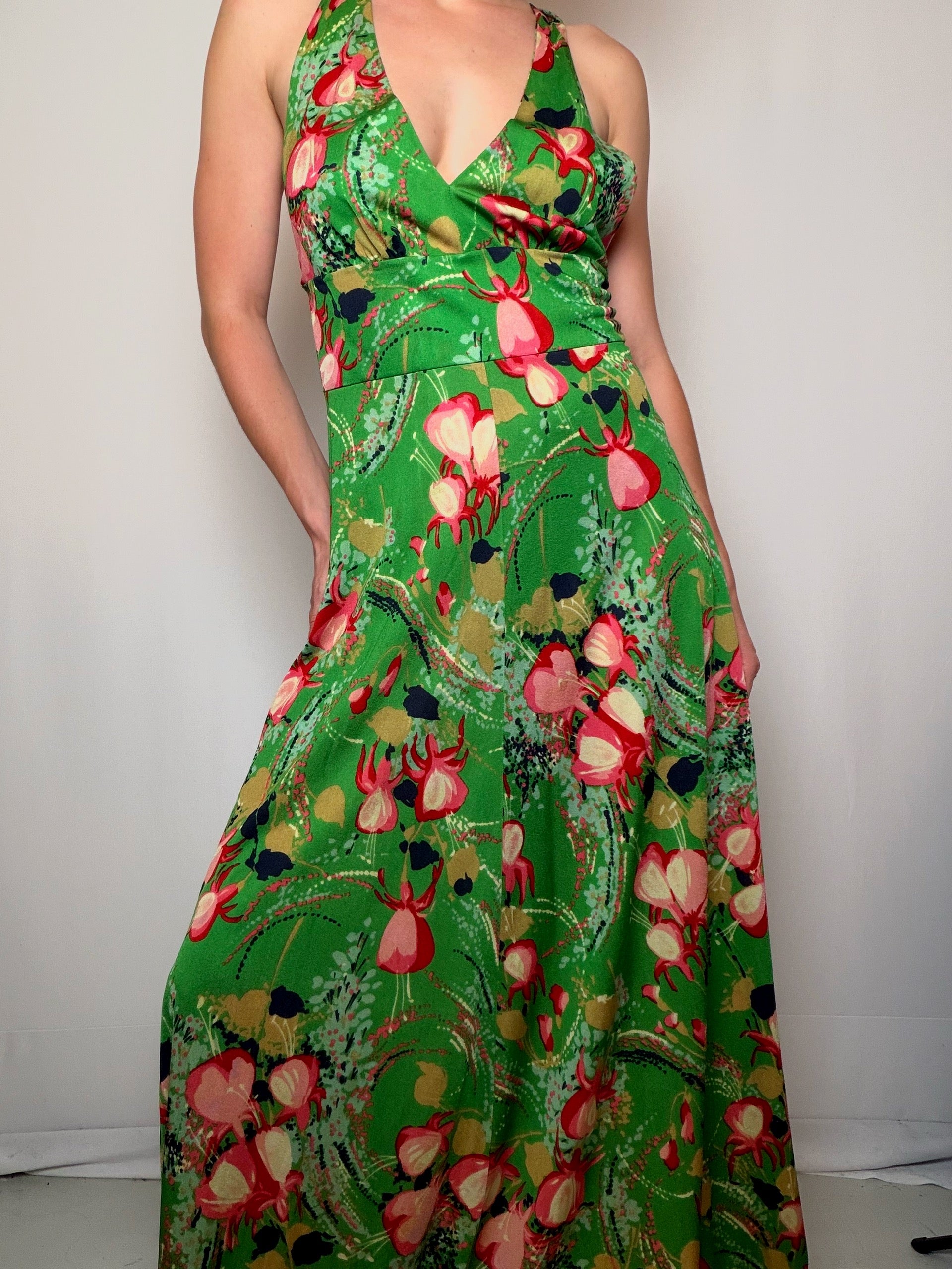 Robe longue verte à fleurs S/M vintage