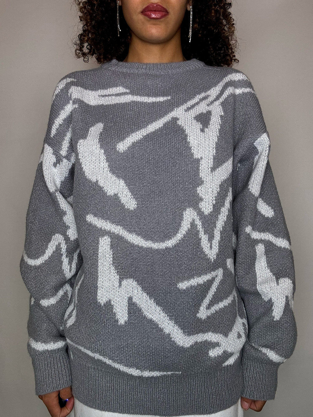 Pull en maille à motif gris L vintage