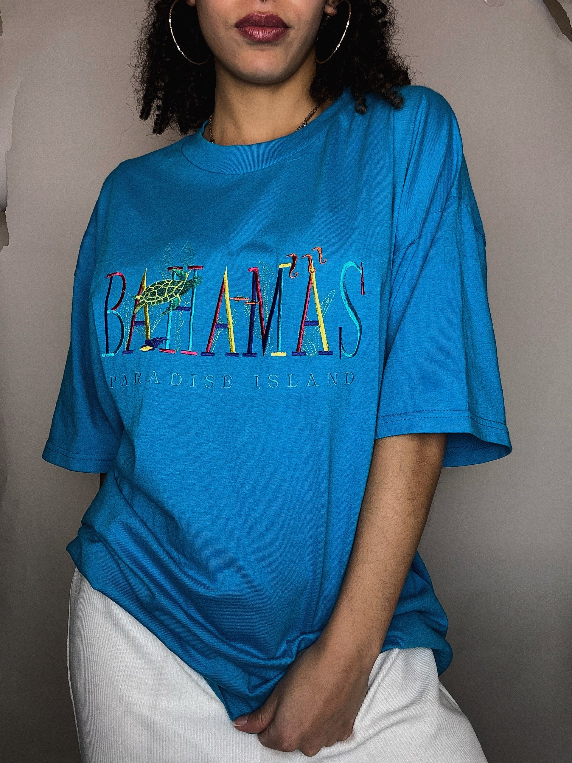 Tshirt brodé bleu Bahamas XL vintage