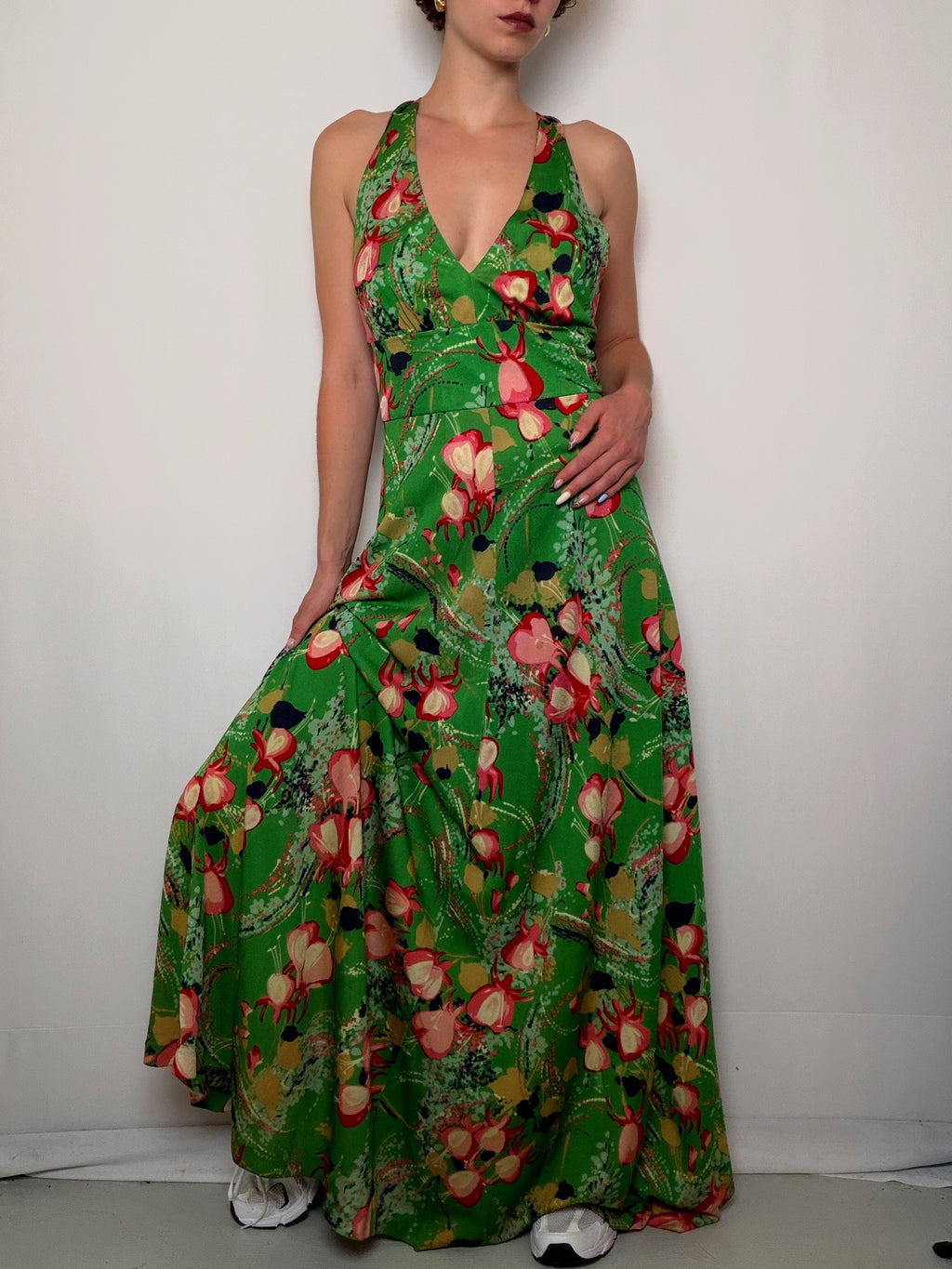 Robe longue verte à fleurs S/M vintage