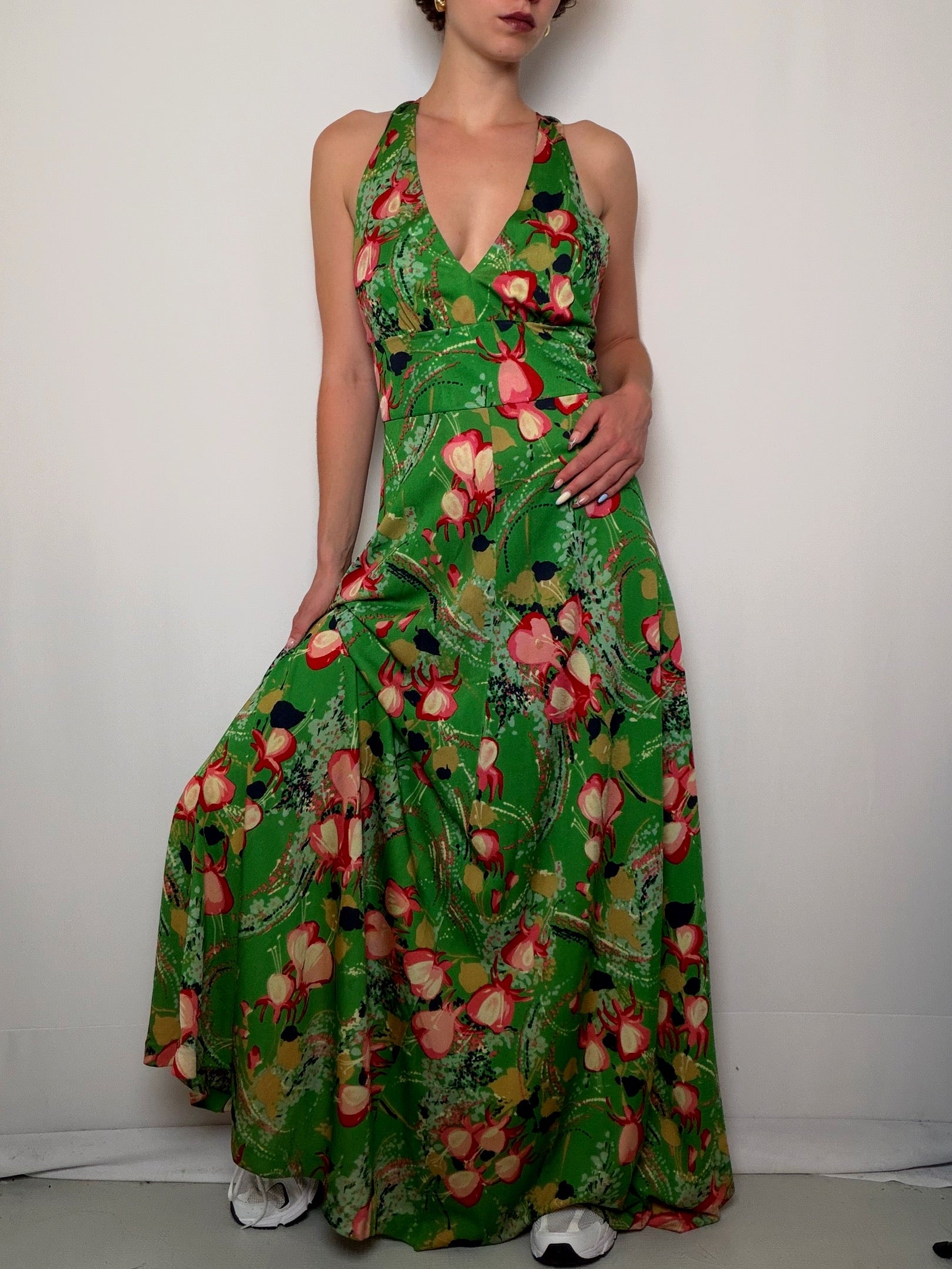 Robe longue verte à fleurs S/M vintage