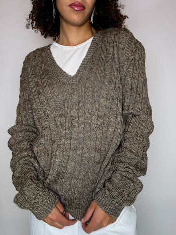 Pull en maille tressée col rond V L vintage