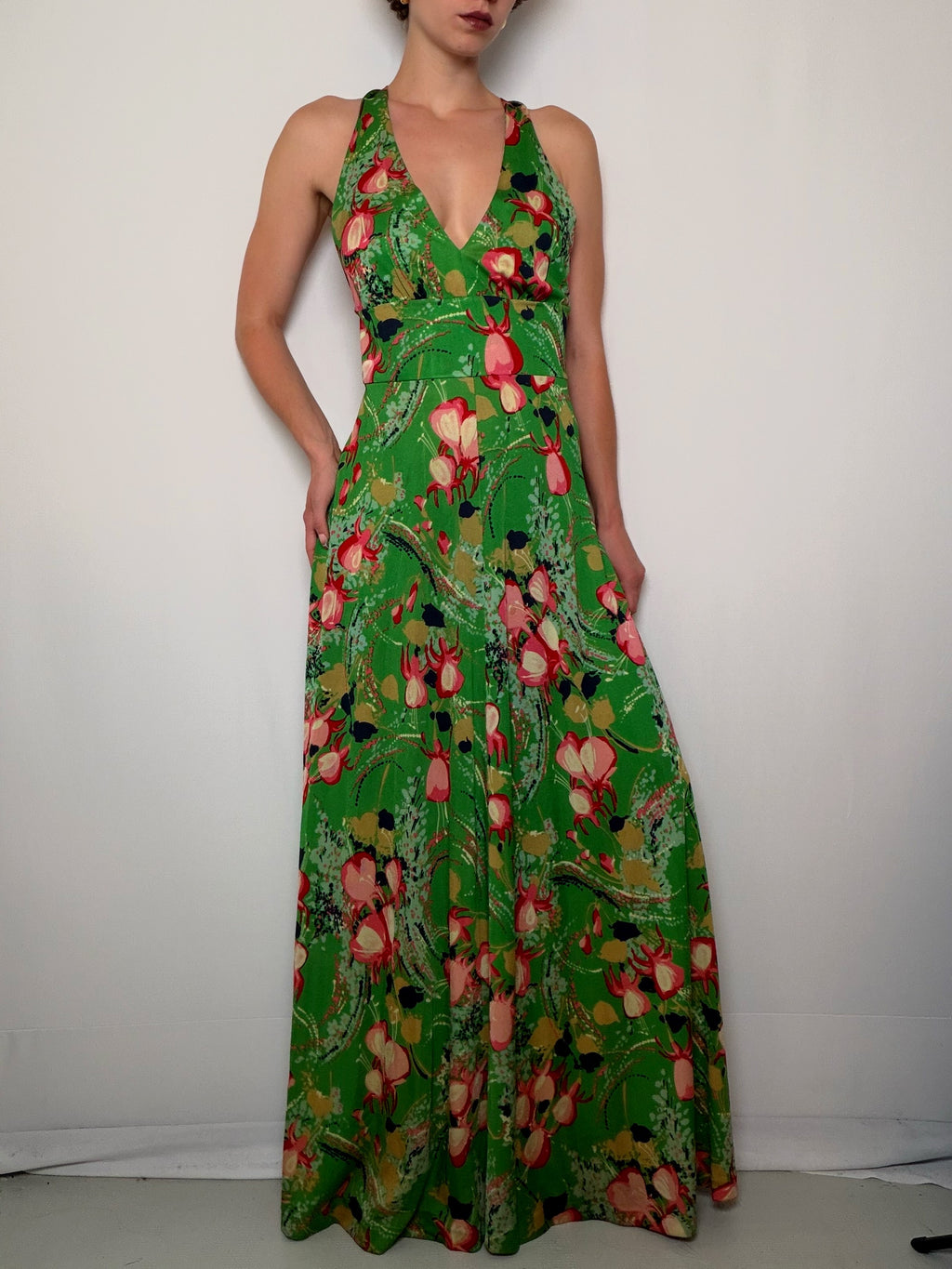 Robe longue verte à fleurs S/M vintage