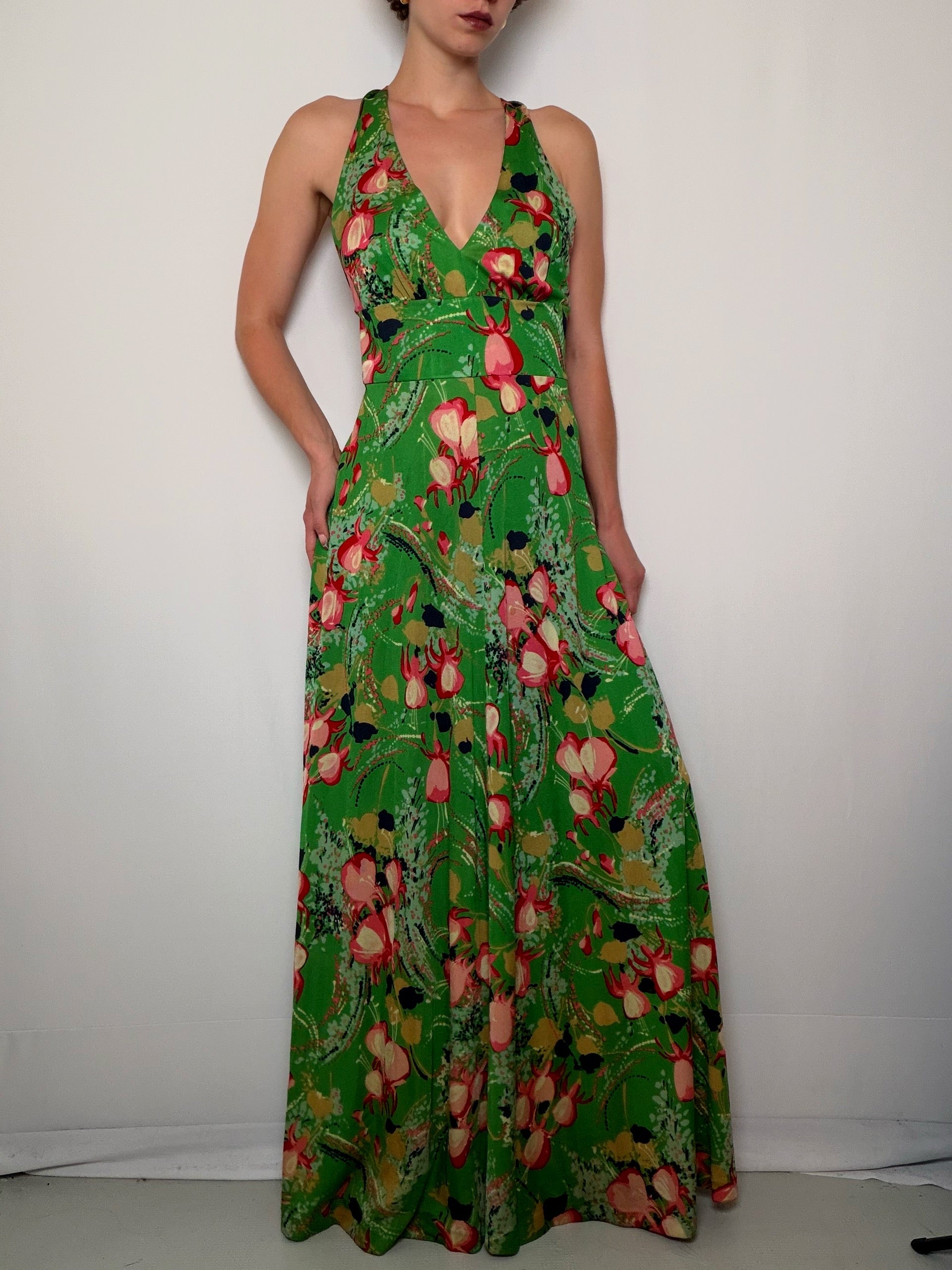 Robe longue verte à fleurs S/M vintage