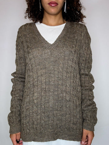 Pull en maille tressée col rond V L vintage