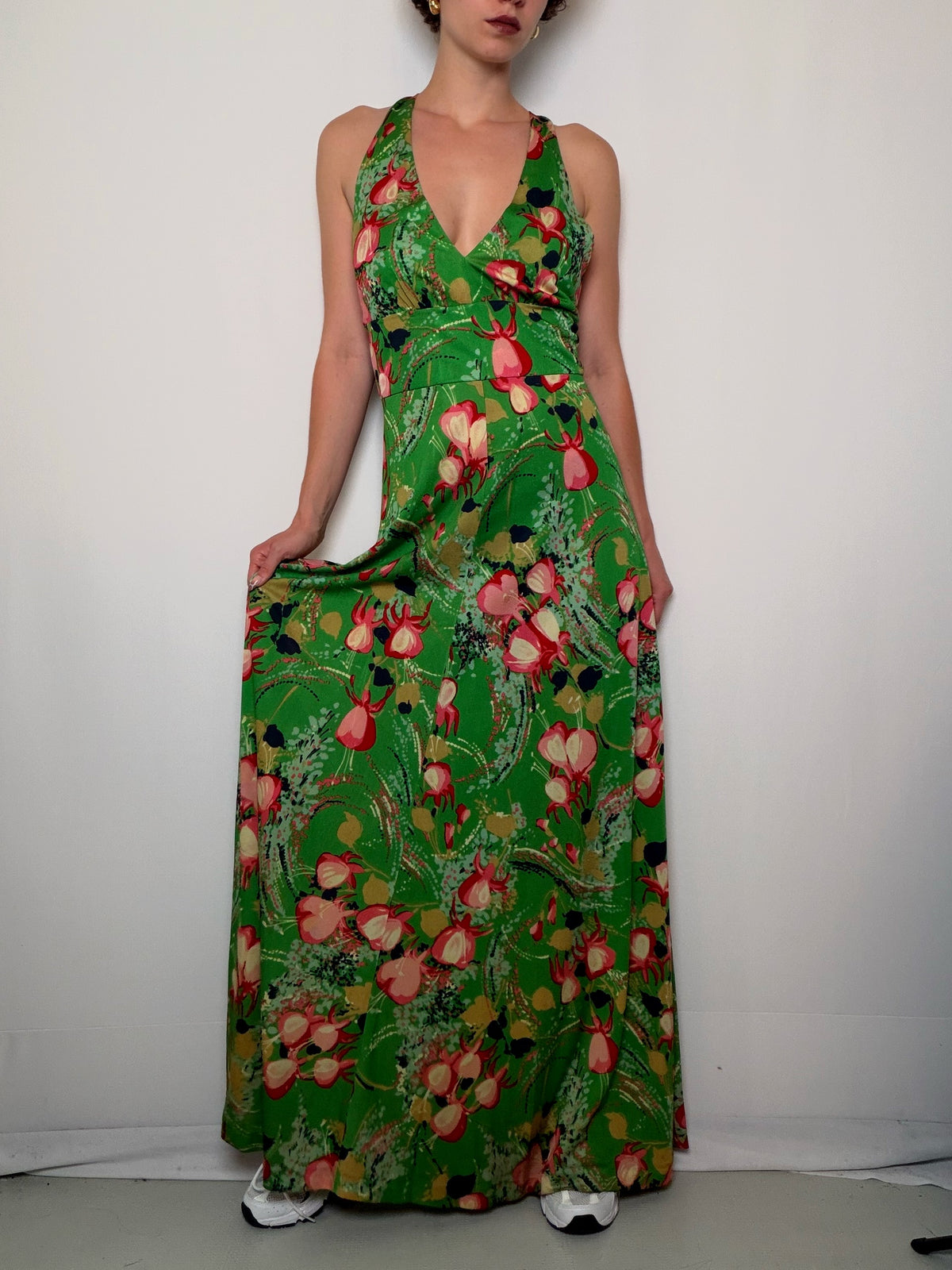 Robe longue verte à fleurs S/M vintage