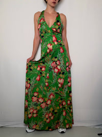 Robe longue verte à fleurs S/M vintage