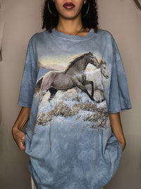 Verwaschenes blaues T-Shirt Pferde XXL Vintage