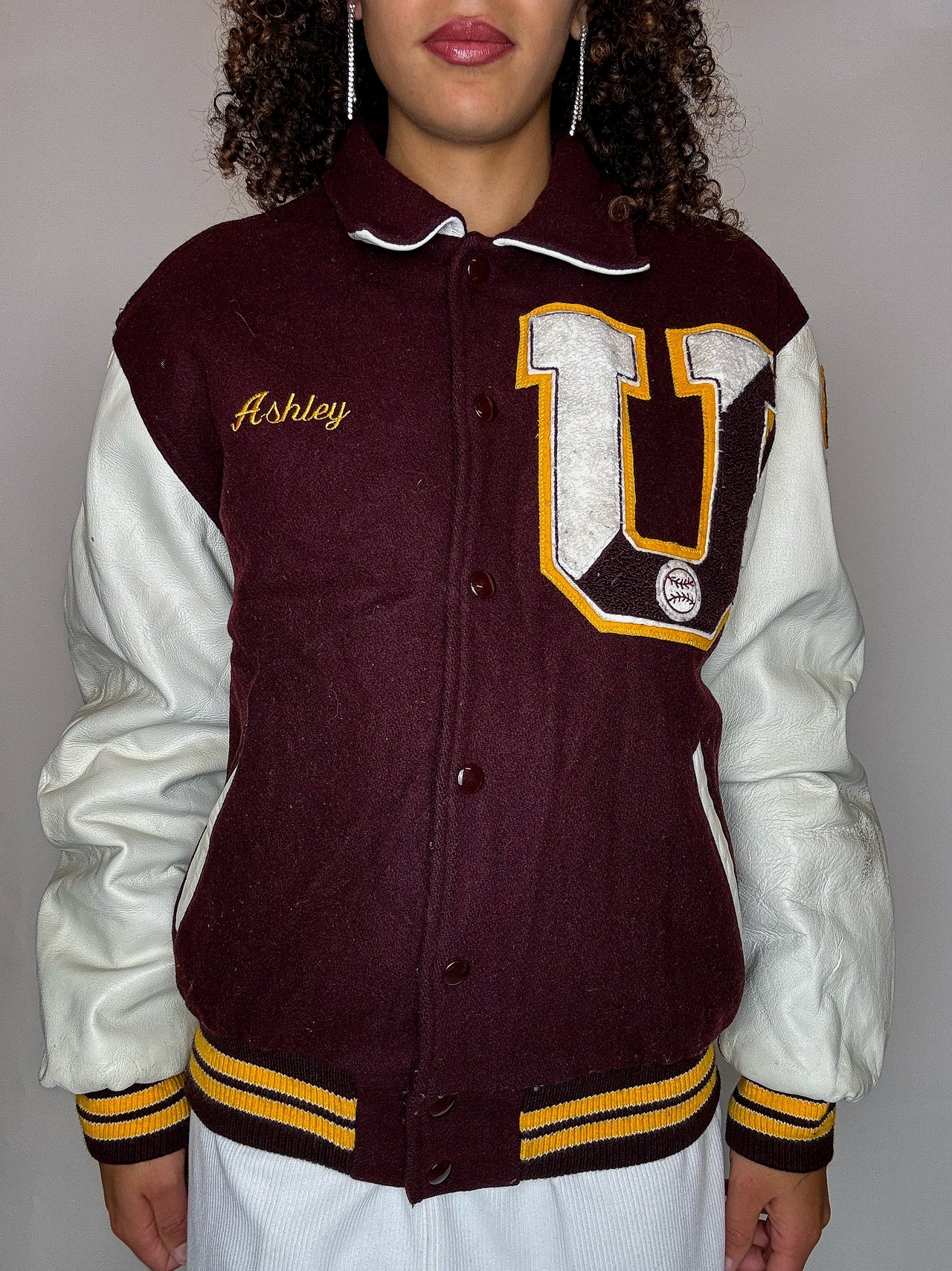 Bomber américain bordeaux et blanc L vintage