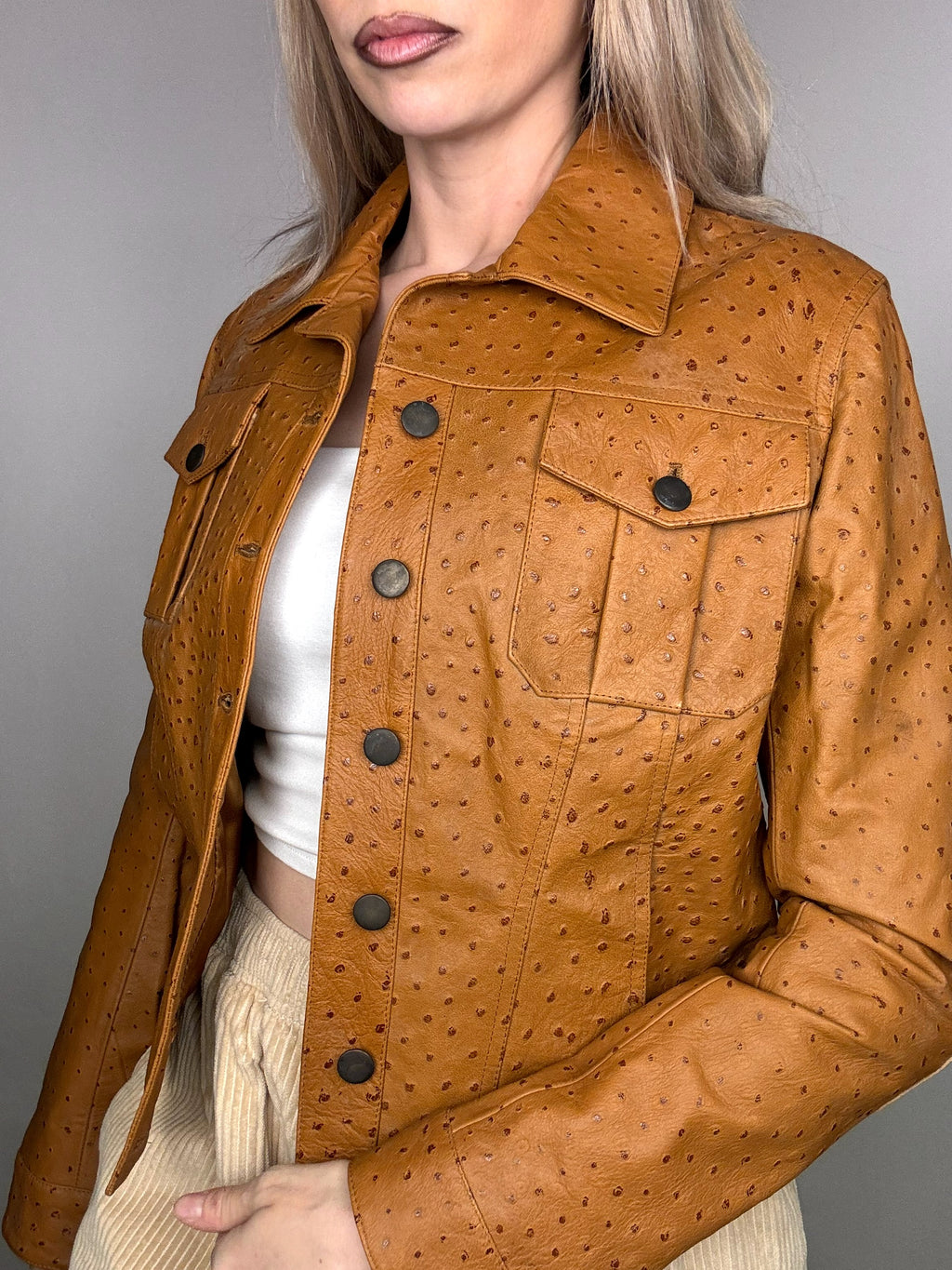 Vintage camel ostrich embossed faux leather jacket S