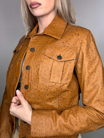 Veste en simili cuir embossé d'autruche camel S vintage