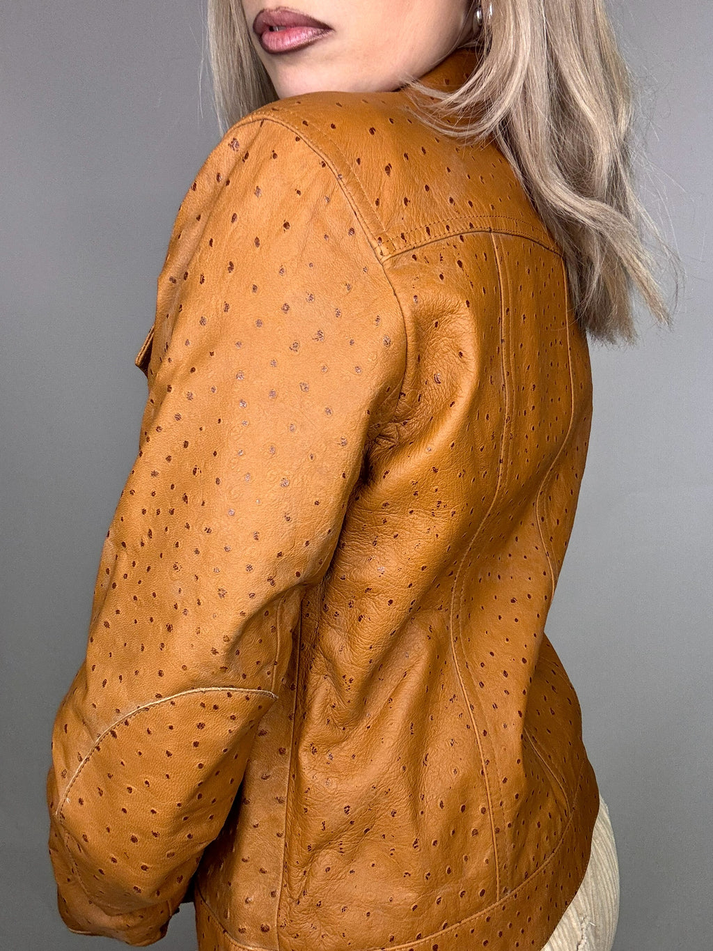 Vintage camel ostrich embossed faux leather jacket S