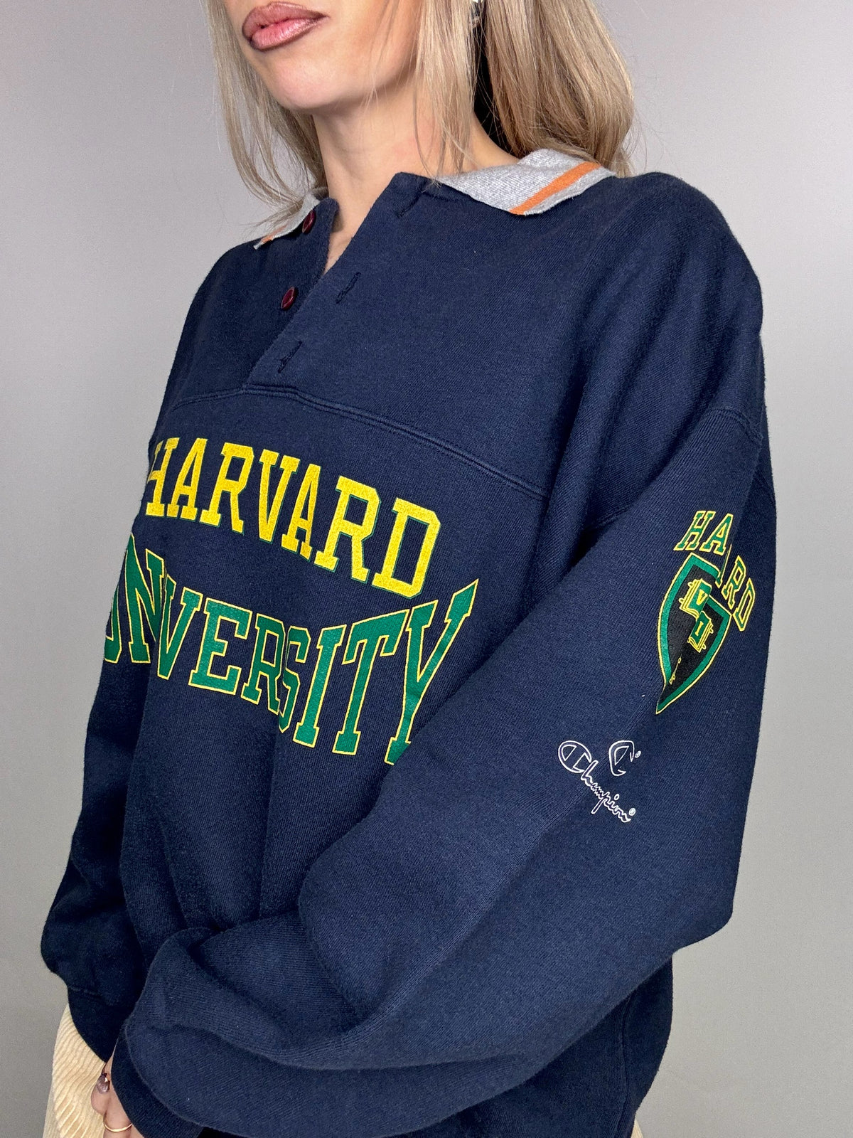 Navy sweatshirt HARVARD x CHAMPION shirt collar XL vintage