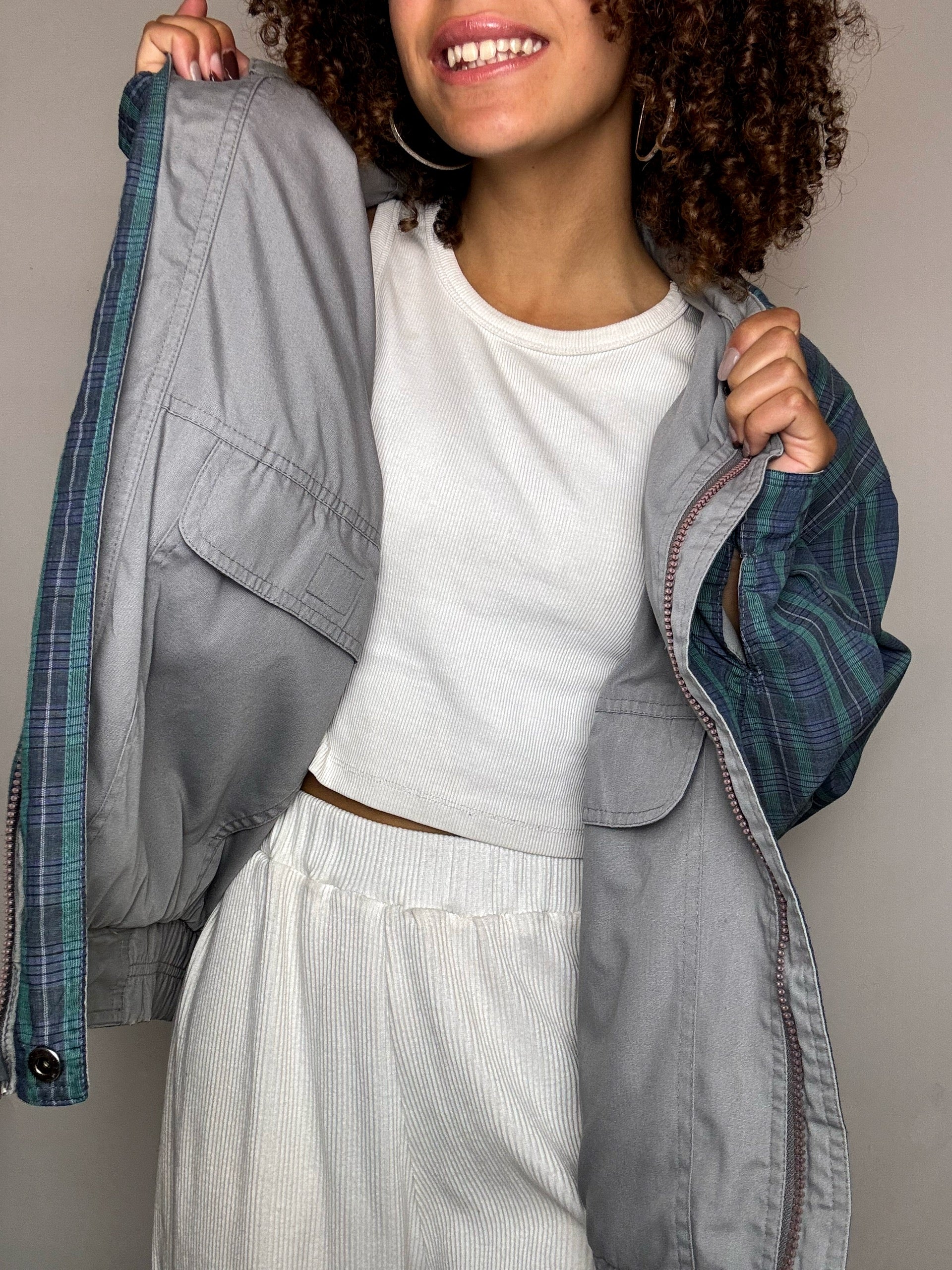 Blouson reversible carreaux / gris L vintage