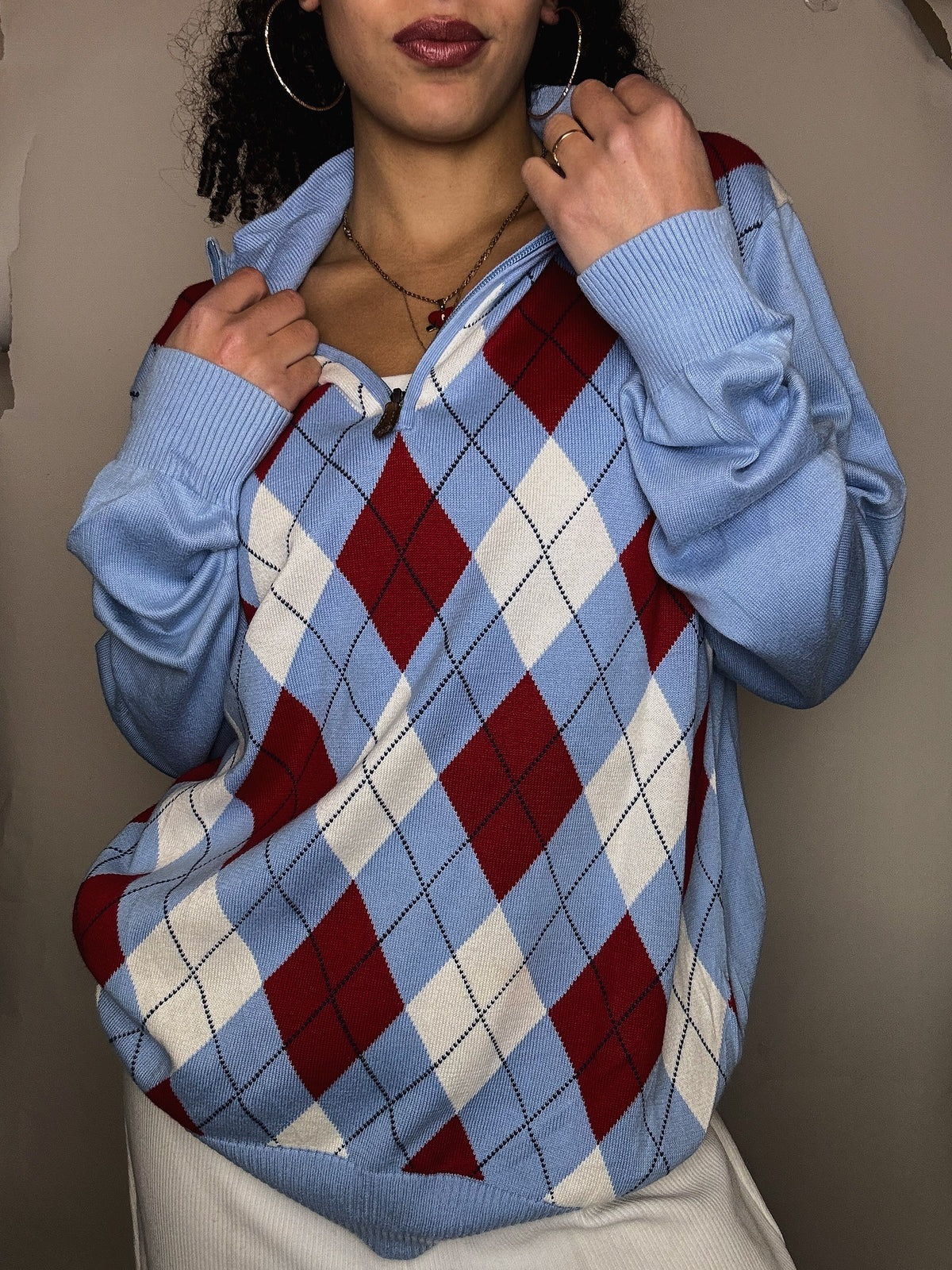Pull à carreaux bleu M vintage