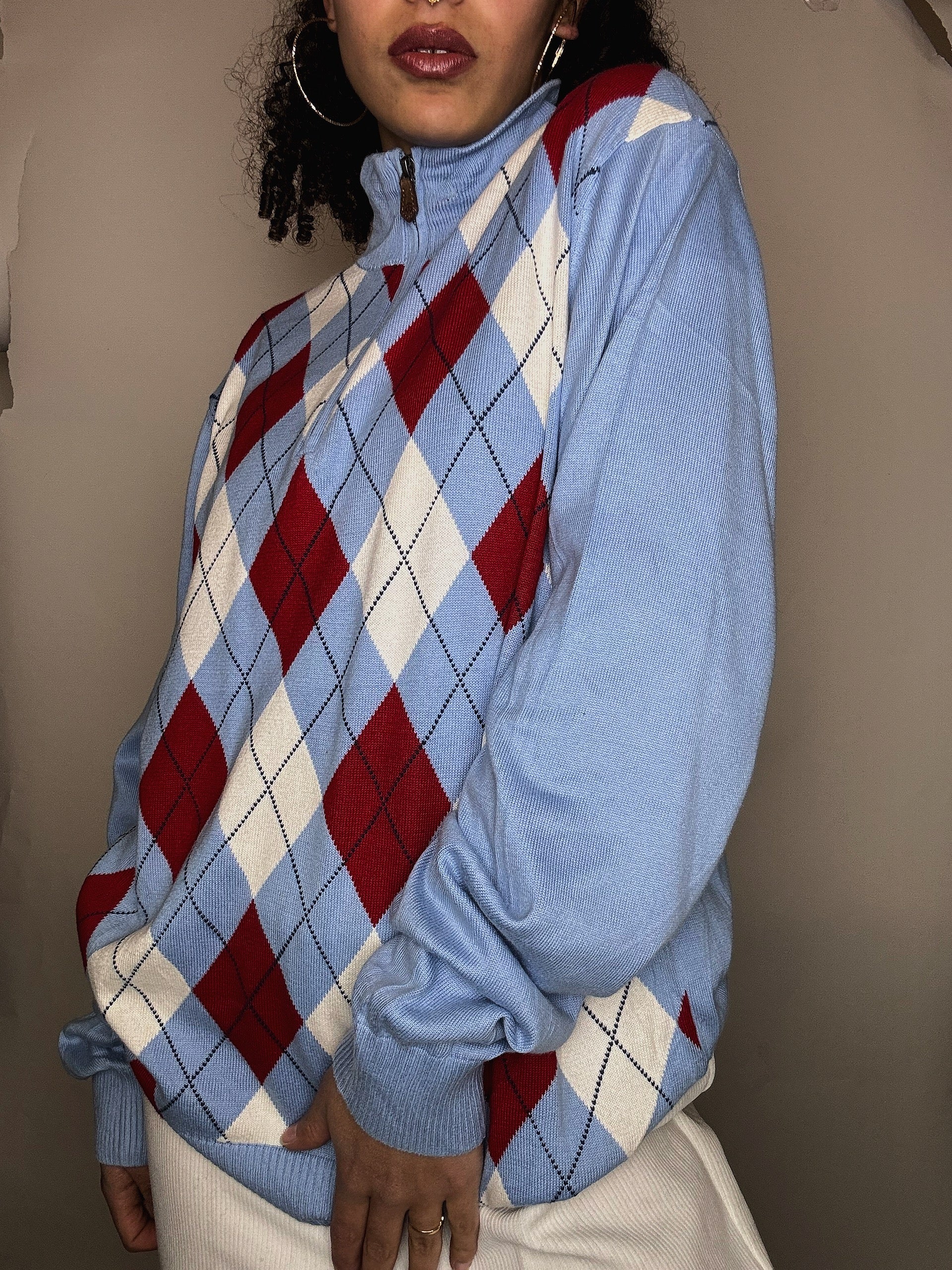 Pull à carreaux bleu M vintage