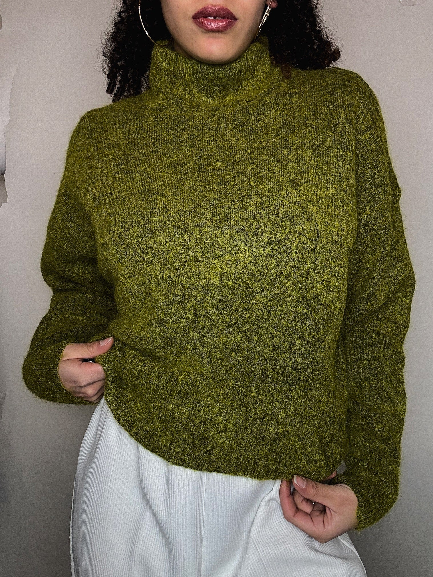 Pull col montant vert olive M/L vintage