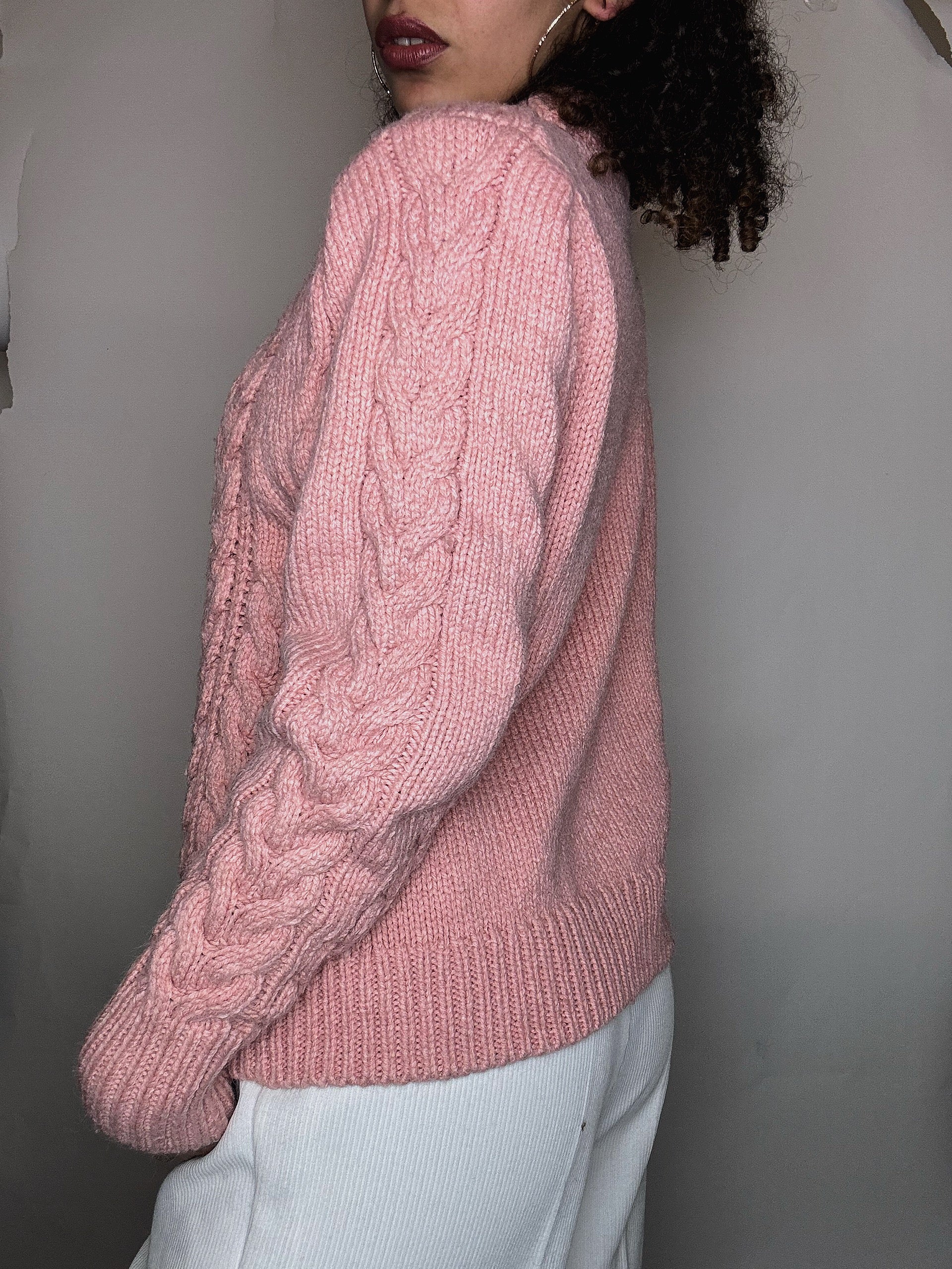Pull tressé rose L vintage